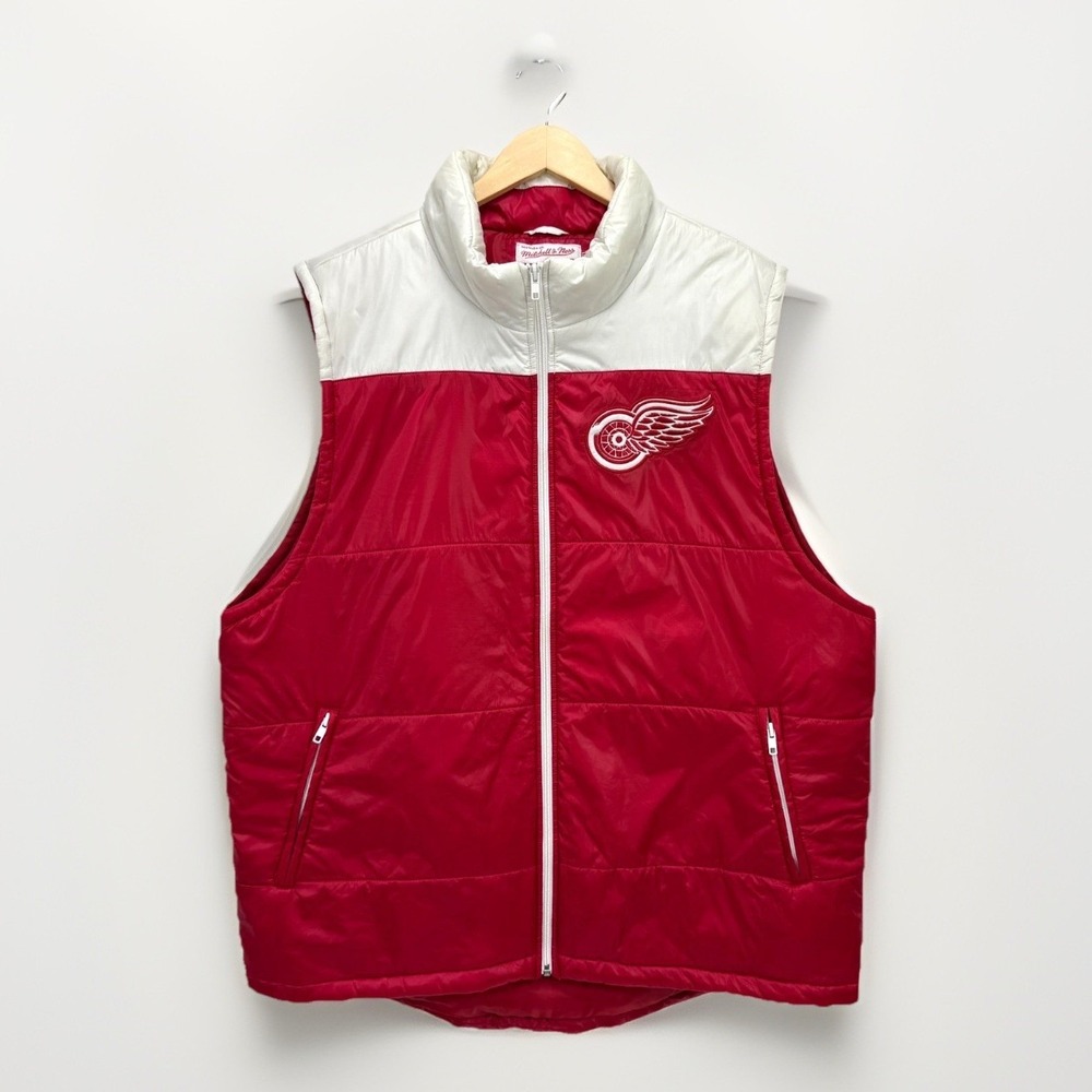 Mitchell & Ness Detroit Redwings Nylon Vest Mens 2XL Red White Full Zip Hockey‎